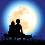 A romantic couple sitting together under the moonlight with stars and heart-shaped sparkles, symbolizing Hindi love shayari and poetic emotions.