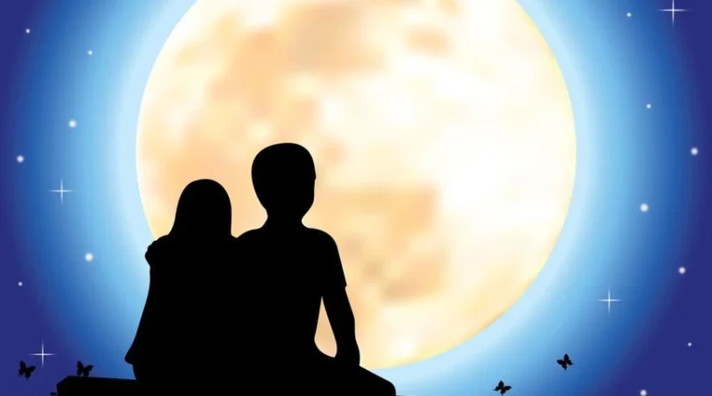 A romantic couple sitting together under the moonlight with stars and heart-shaped sparkles, symbolizing Hindi love shayari and poetic emotions.